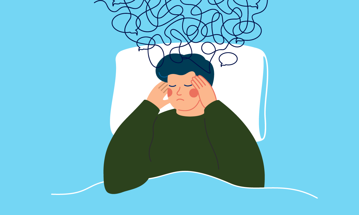 Illustration of a person sitting in bed holding their head with a tangled scribble of thoughts above them.